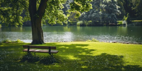 Wall Mural - A park bench against the background of water. Daytime
