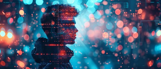 Advanced coder in a digital landscape selective focus, tech wizard, ethereal, blend mode, futuristic backdrop