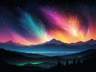 Wall Mural - Abstract auroras burst forth like cosmic fireworks, painting the night sky with mesmerizing hues
