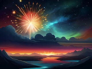 Wall Mural - Abstract auroras burst forth like cosmic fireworks, painting the night sky with mesmerizing hues