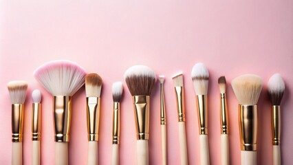 Sticker - Cosmetic makeup brush on a pink background. Cosmetic product for make-up. Creative and beauty fashion concept. Fashion. Collection of cosmetic makeup brushes, top view, banner