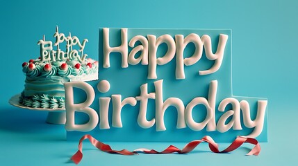 Happy Birthday written with beautiful stylish letters on a plain cyan background with a birthday cake decorated with edible ribbons in the background