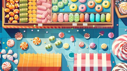 Candy store layout flat design top view sweet shop theme cartoon drawing vivid