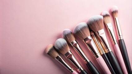 Sticker - Cosmetic makeup brush on a pink background. Cosmetic product for make-up. Creative and beauty fashion concept. Fashion. Collection of cosmetic makeup brushes, top view, banner