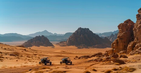 A panoramic view of the Mountains, with two allativa buggy vehicles driving through an open desert landscape, with rocky mountains visible behind them