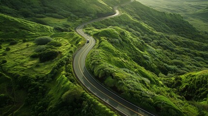 Wall Mural - Overhead shot of a winding mountain road cutting through a lush, green landscape, with cars moving along the path --ar 16:9 --style raw Job ID: 27a802dc-b2fa-4590-ae4b-98487dd8c902
