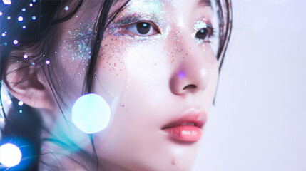 Wall Mural - Closeup portrait of an Asian girl with glitter on her face on a blue background
