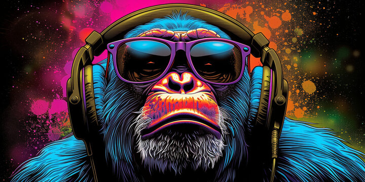 Cool neon party dj monkey in headphones and sunglasses
