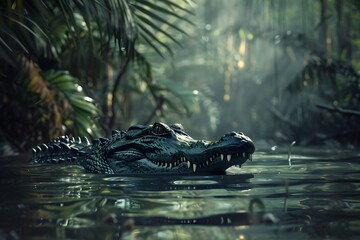 a crocodile swims in a deep river