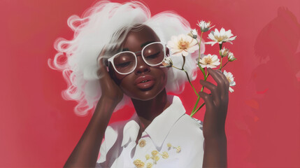 Wall Mural - Dark-skinned girl with white hair on a red background
