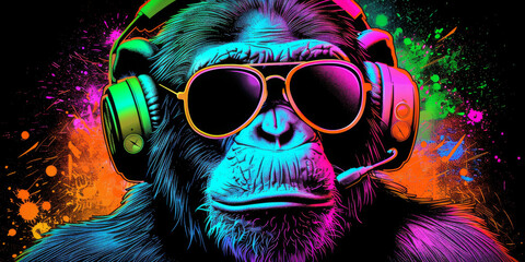 Wall Mural - Cool neon party dj  monkey in headphones and sunglasses