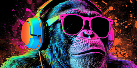 Wall Mural - Cool neon party dj monkey in headphones and sunglasses