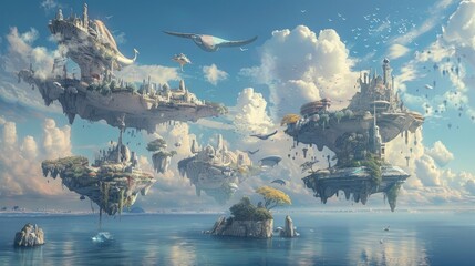 Wall Mural - A surreal seascape, with floating islands and strange, alien creatures flying in the sky.