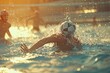 © Vit - A person is seen swimming in a competitive water polo match. The athlete is actively participating in the game, showcasing their swimming skills and stamina