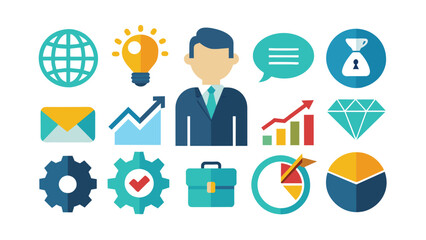 Business and Management Flat Design Icon Set. Finance, strategy, communication, and growth symbols for web and app.