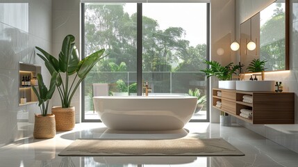 Elegant Modern Bathroom with Sunlit Freestanding Tub and Plant Decor