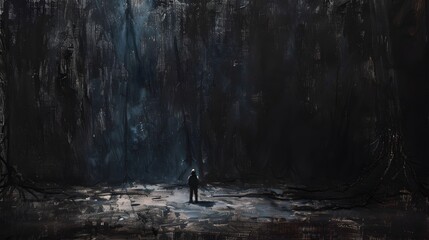 Wall Mural -  the stage with a background of impenetrable darkness, where a lone figure emerges, illuminated by a faint glimmer. Capture the essence of solitude and introspection amidst the shadows.