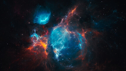 Wall Mural - Space background. Colorful fractal red and blue nebula with star field. Digital painting