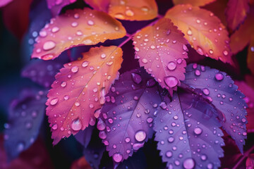 Colorful leaves with water droplets, closeup, colorful background, mobile wallpaper