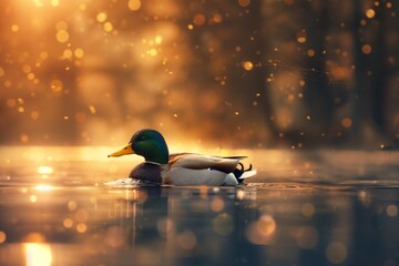 Wall Mural - An elegant mallard duck swimming gracefully on the water, its green head and yellow beak contrasting with golden reflections in soft natural light. Horizontal. Space for copy. Close up.