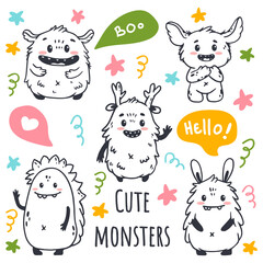 Wall Mural - set of cartoon monsters. Cute monsters in doodle style. Kids funny character design for posters, cards, magazins. Line.
