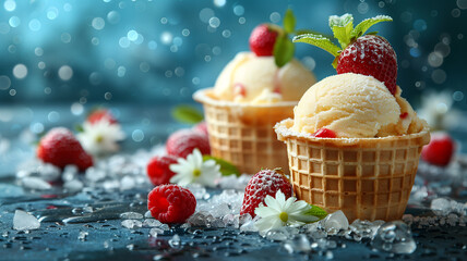 Wall Mural - Two ice cream cones with raspberries and mint leaves on top