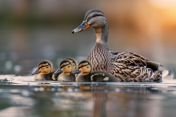 Wall Mural - Mother duck and her ducklings in the water, with a soft blurred background. Horizontal. Space for copy. Close up.