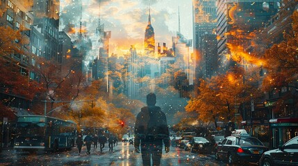Poster - A man walks down a city street in the rain