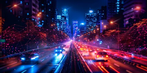 Wall Mural - Busy city street at night with futuristic traffic in abstract representation. Concept Cityscapes, Night Photography, Abstract Art, Futuristic, Urban Life