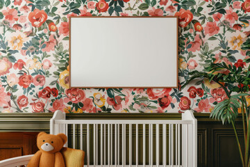 Wall Mural - nursery room with a white poster frame on vibrant floral wallpaper