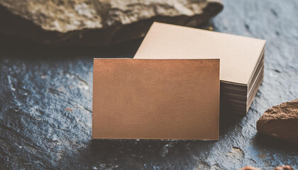 Wall Mural - Mock-up of empty kraft paper, business card. Branding presentation. stone background. Close-up.