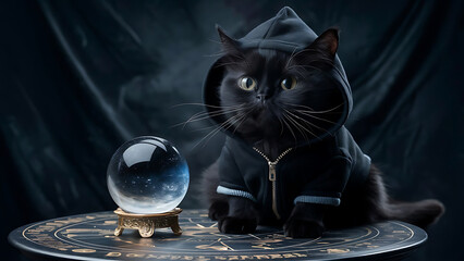 magical astrologer cat with black hoodie and the magical ball,  AI Generative