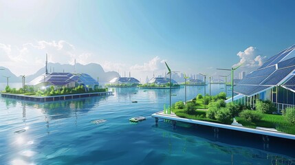 Wall Mural - sustainable deep sea port, featuring green infrastructure and renewable energy sources, under a clear, sunny sky, in a photorealistic style. --ar 16:9 