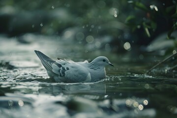 Wall Mural - a dove swims in a deep river