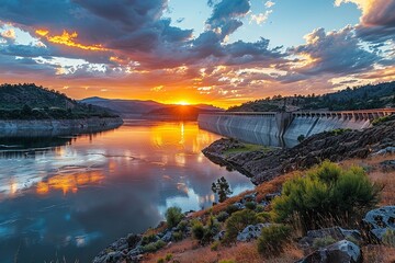 a sunset view of the oroville dams illustrating the vital. generative ai