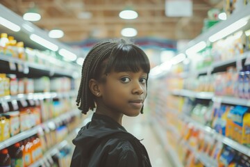 Portrait of a сute African girl shopping in a supermarket. Retail customer concept