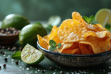 Wall Mural - A bowl of chips with a lime and some pepper shakers