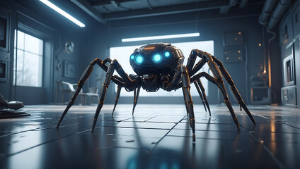 Wall Mural - A futuristic mechanical spider with a sleek metallic body and glowing blue eyes stands prominently. The spider legs are jointed and detailed, displaying advanced technology
