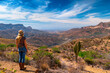© yaqui_villegas - An explorer stands taking in the vast beauty of a mountainous desert landscape under the clear blue sky