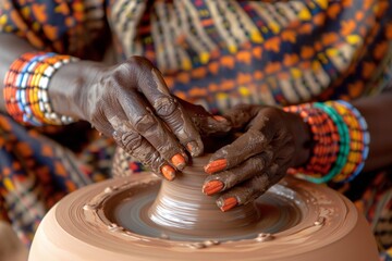 An African-American female potter makes a pot on a potter's wheel. Pottery art. A fashionable hobby, handmade. Potter's hands in close-up.