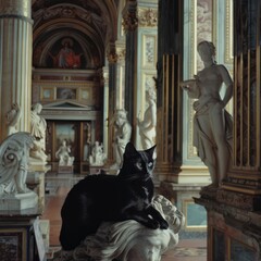 Wall Mural - A black cat is sitting on a pedestal in a museum