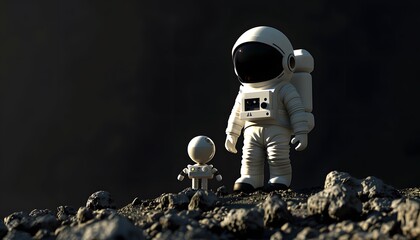 Canvas Print - A 3D cartoon astronaut and a tiny robot companion exploring a small asteroid