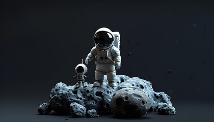 Wall Mural - A 3D cartoon astronaut doing a spacewalk, tethered to a spacecraft