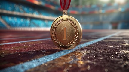 gold medal, firtst place sport award with ribbon, athlete winner prize, blur sports stadium backgrou
