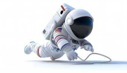 Wall Mural - A 3D cartoon astronaut doing a spacewalk, tethered to a spacecraft