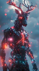 Wall Mural - Captivating Cyborg Deer Warrior with Gleaming Metallic Exoskeleton and Glowing Cybernetic Enhancements in Dramatic Smoke-Filled Scene