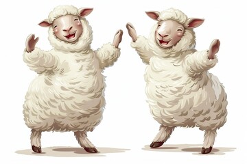 two happy sheep cartoon standing like man and dancing isolated on white background 