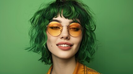 Wall Mural - A stunning young woman with striking green hair and fashionable eyewear, her infectious smile spreading happiness, set against a solid background