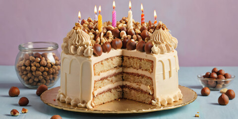 Wall Mural - Symbols of birthday celebration. Birthday Cake.  Hazelnut Haven  cake.