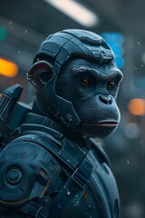 Poster - Elite Cyborg Monkey Warrior with Advanced Weaponry and Tactical Enhancements in a Captivating Ethereal Color Smoke Effect Environment